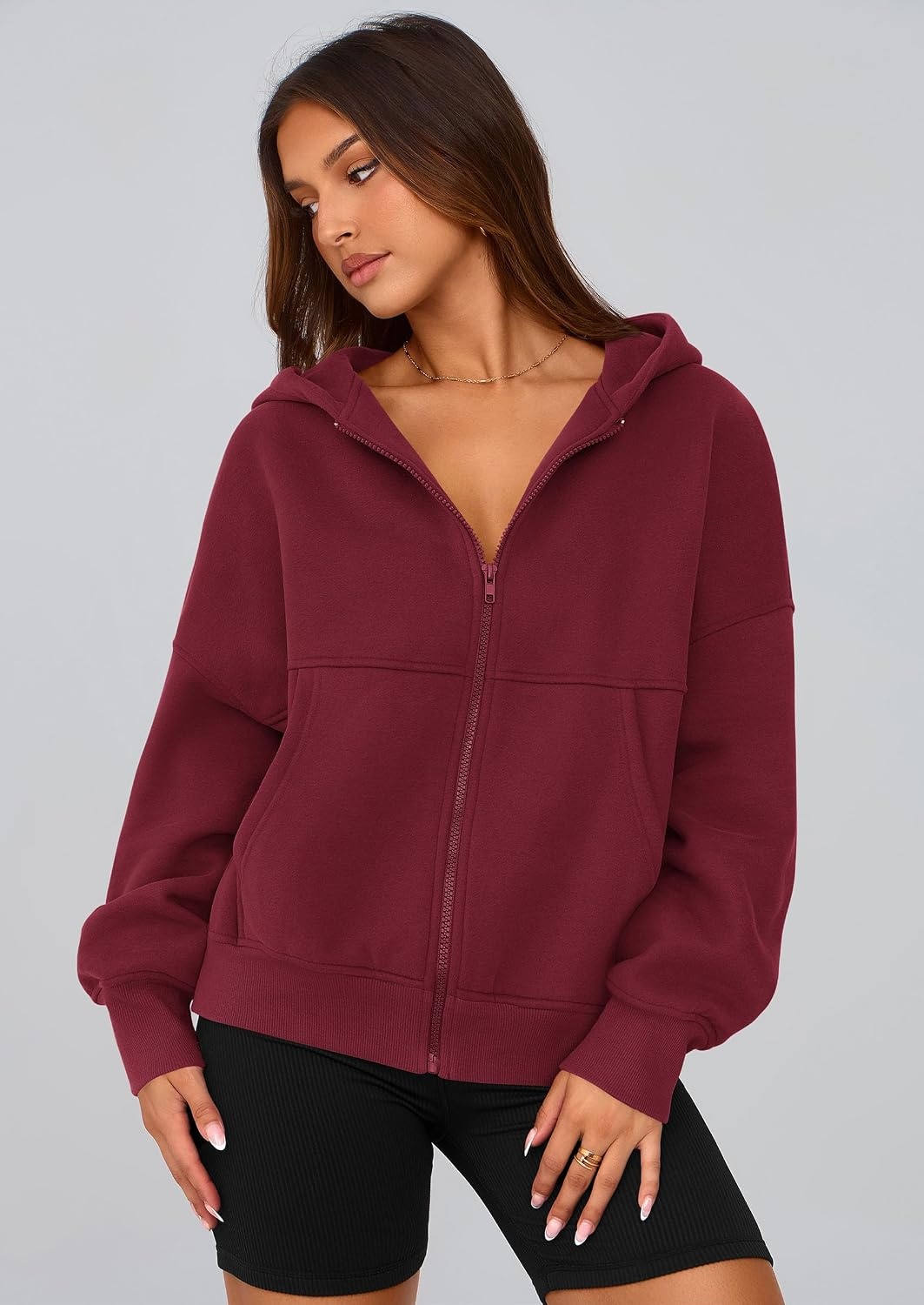 image:imagePRETTYGARDEN Zip Up Hoodie Women Casual Fall Fleece Sweatshirt JacketBurgundy