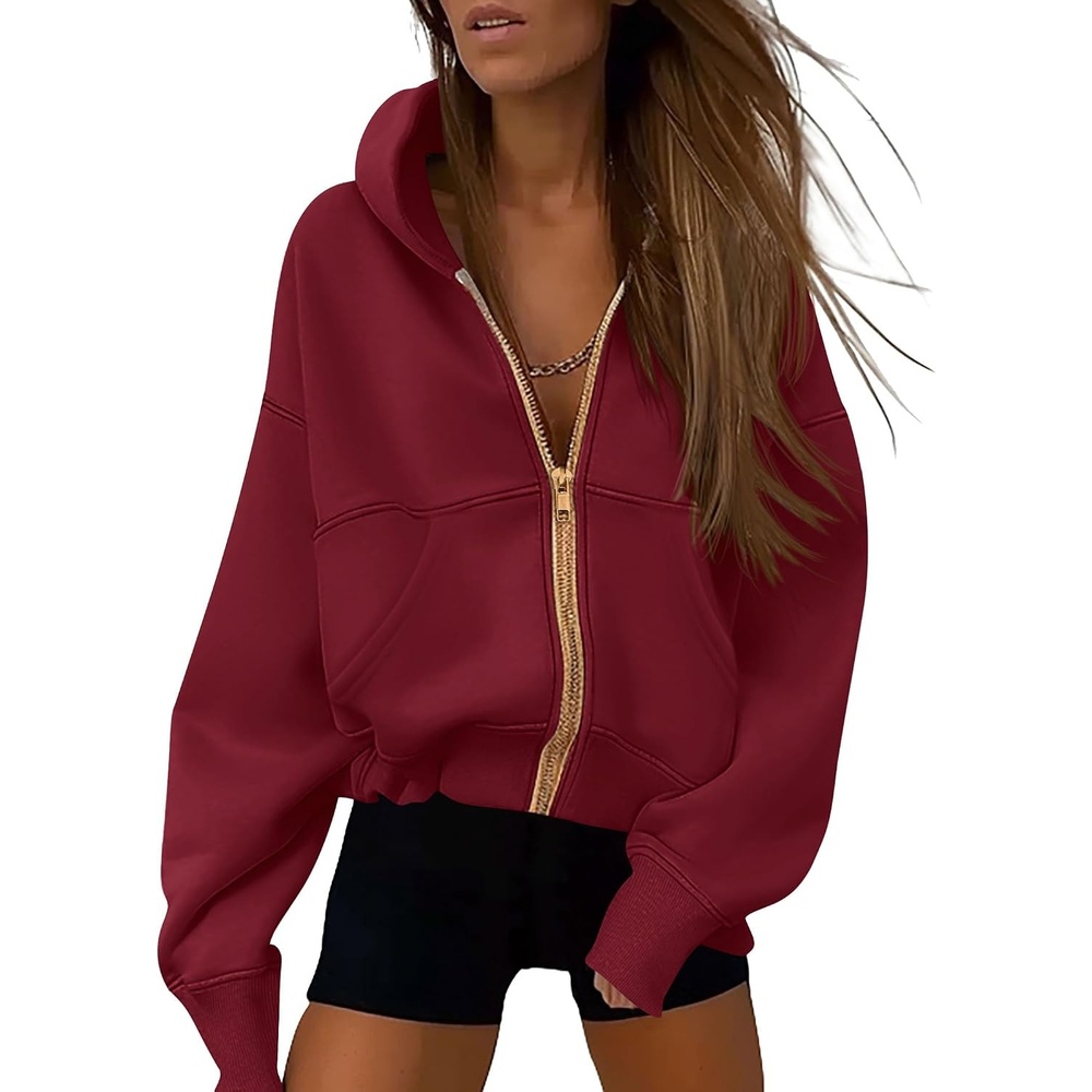 image:imagePRETTYGARDEN Hoodies for Women Fall Fashion Zip Up Fleece Plain SweatshirtWine Red