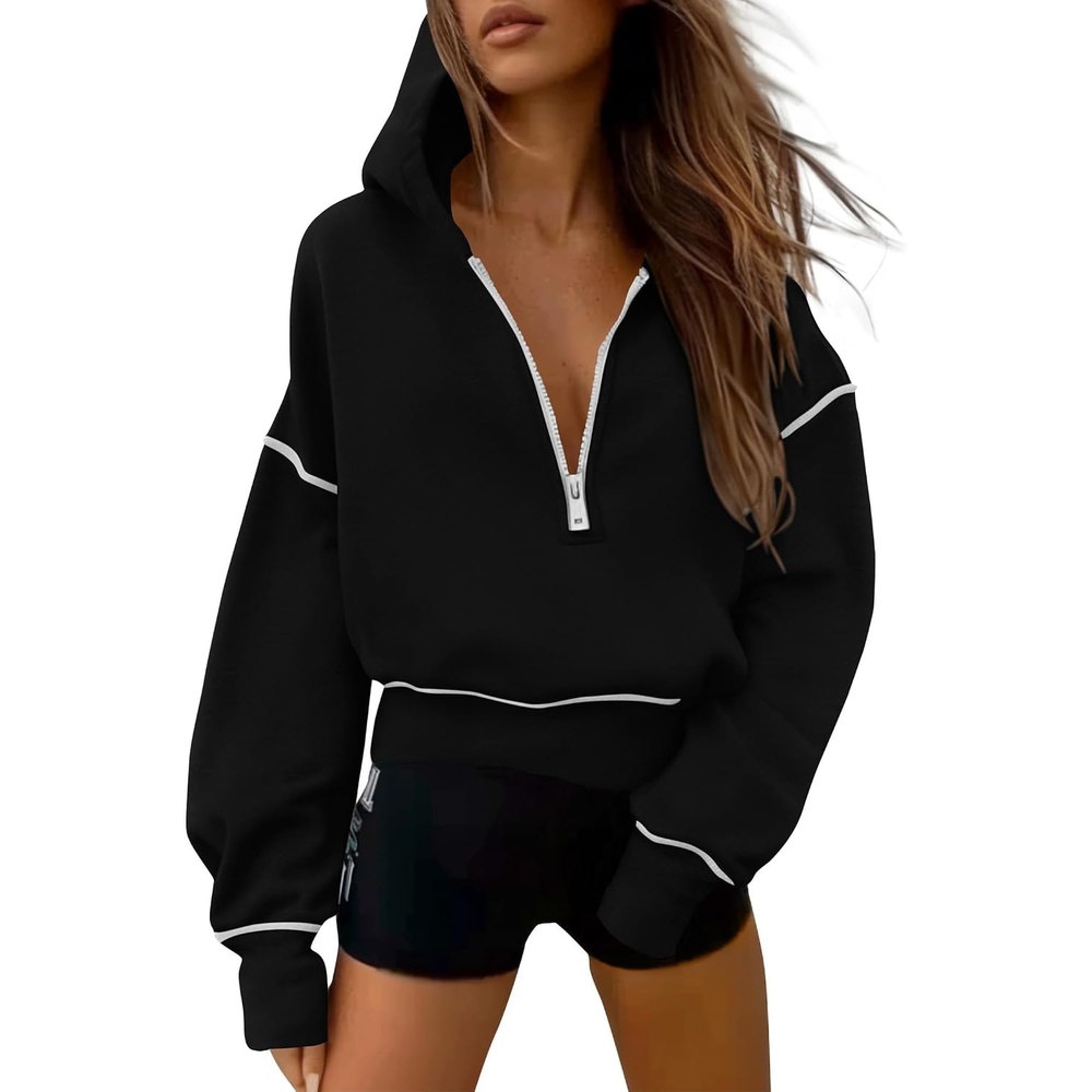 image:imagePRETTYGARDEN Womens Fall Half Zip Cropped Hoodie SweatshirtBlack