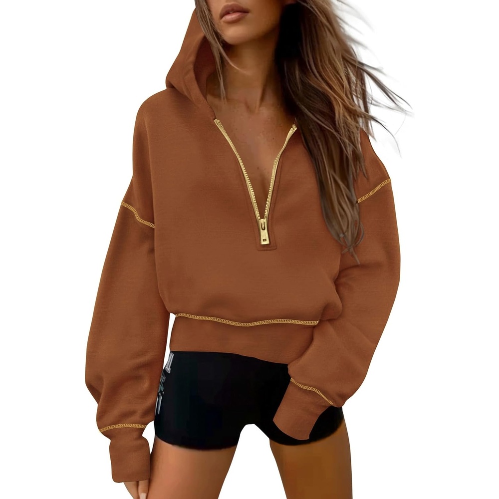 image:imagePRETTYGARDEN Womens Fall Half Zip Cropped Hoodie SweatshirtCaramel
