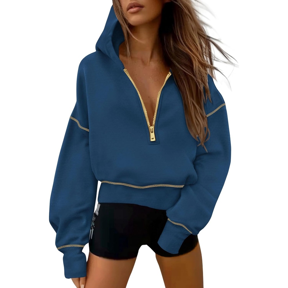 image:imagePRETTYGARDEN Womens Fall Half Zip Cropped Hoodie SweatshirtDark Blue