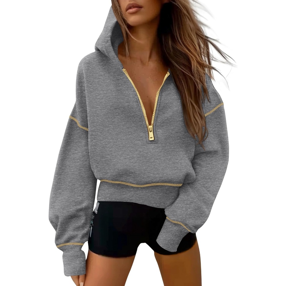 image:imagePRETTYGARDEN Womens Fall Half Zip Cropped Hoodie SweatshirtDark Grey