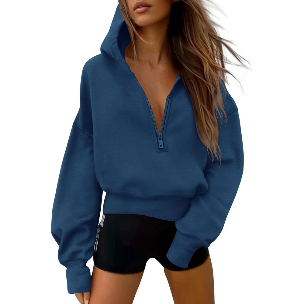 image:imagePRETTYGARDEN Womens Fall Half Zip Cropped Hoodie SweatshirtStyle 3dark Blue