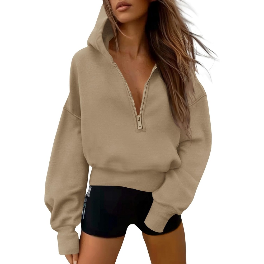 image:imagePRETTYGARDEN Womens Fall Half Zip Cropped Hoodie SweatshirtStyle 3khaki