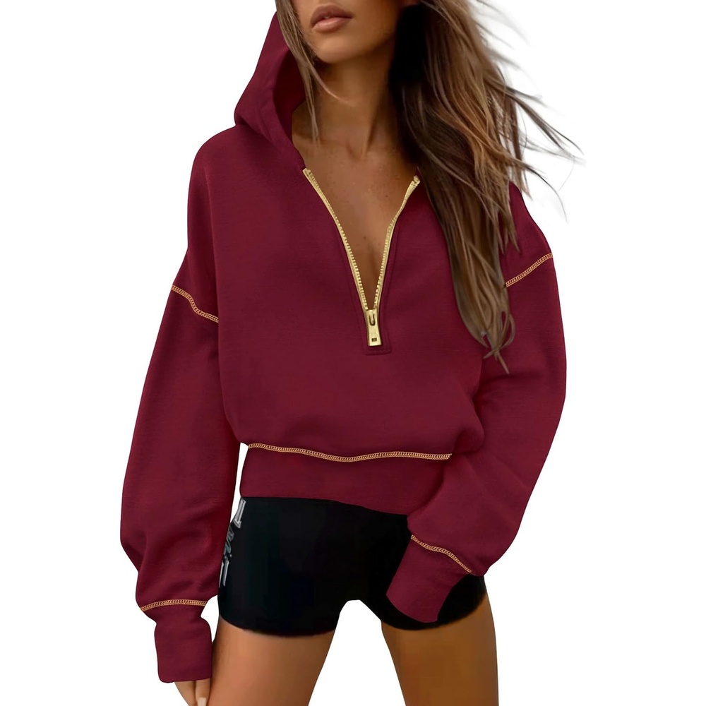 image:imagePRETTYGARDEN Womens Fall Half Zip Cropped Hoodie SweatshirtWine Red