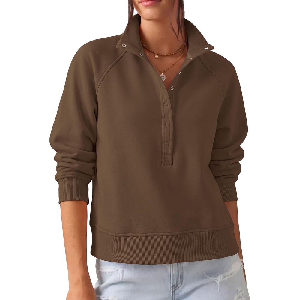 image:imagePRETTYGARDEN Womens Fall Oversized Sweatshirts Mock Neck Henley PulloverBrown