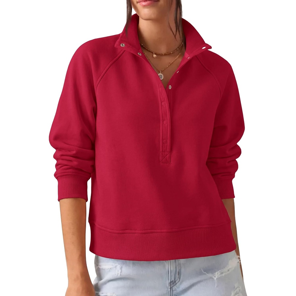 image:imagePRETTYGARDEN Womens Fall Oversized Sweatshirts Mock Neck Henley PulloverRed