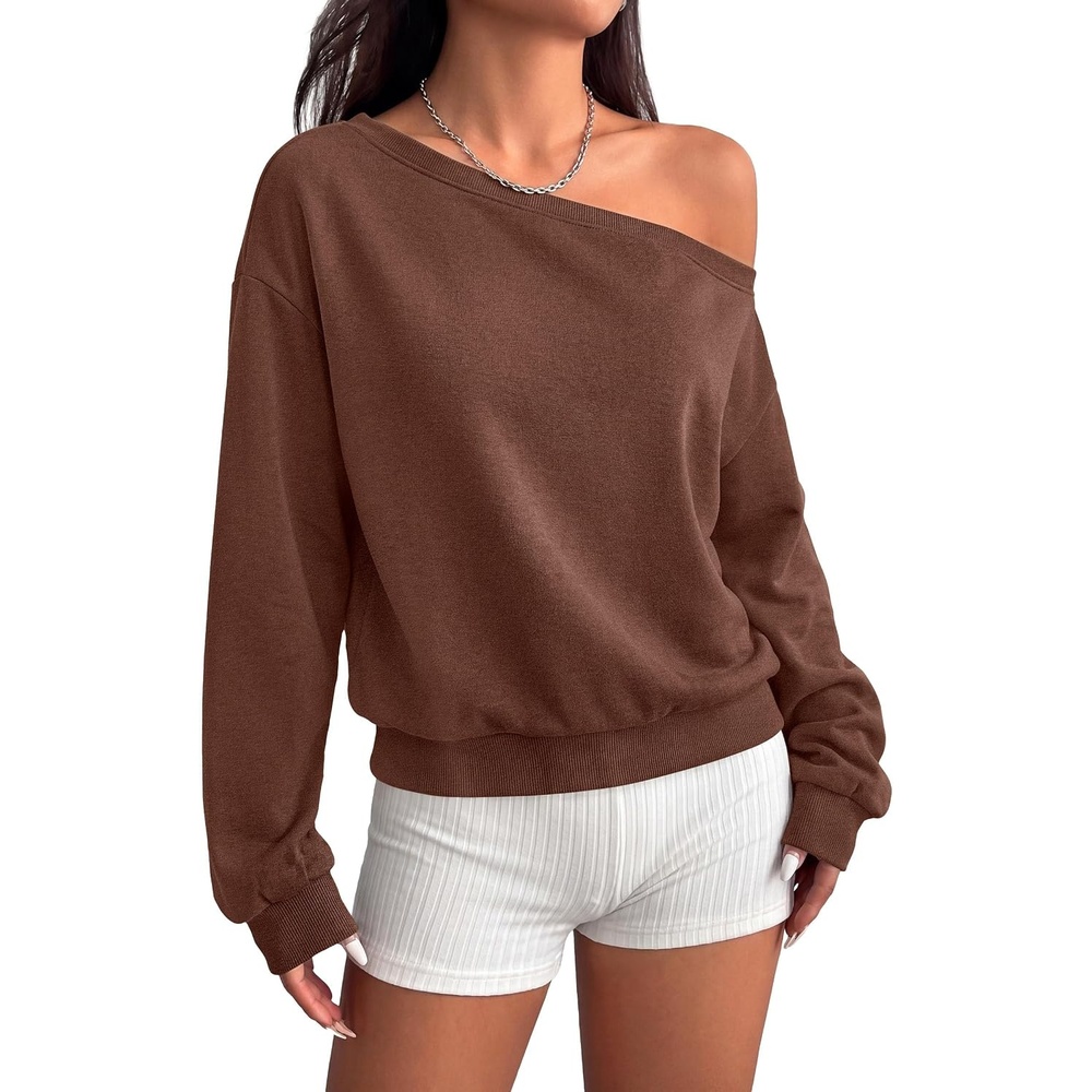 image:imagePRETTYGARDEN Womens Off The Shoulder Sweatshirt Fall Long Sleeve TopsBrown