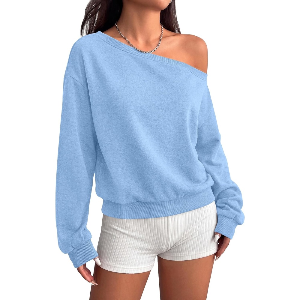 image:imagePRETTYGARDEN Womens Off The Shoulder Sweatshirt Fall Long Sleeve TopsLight Blue