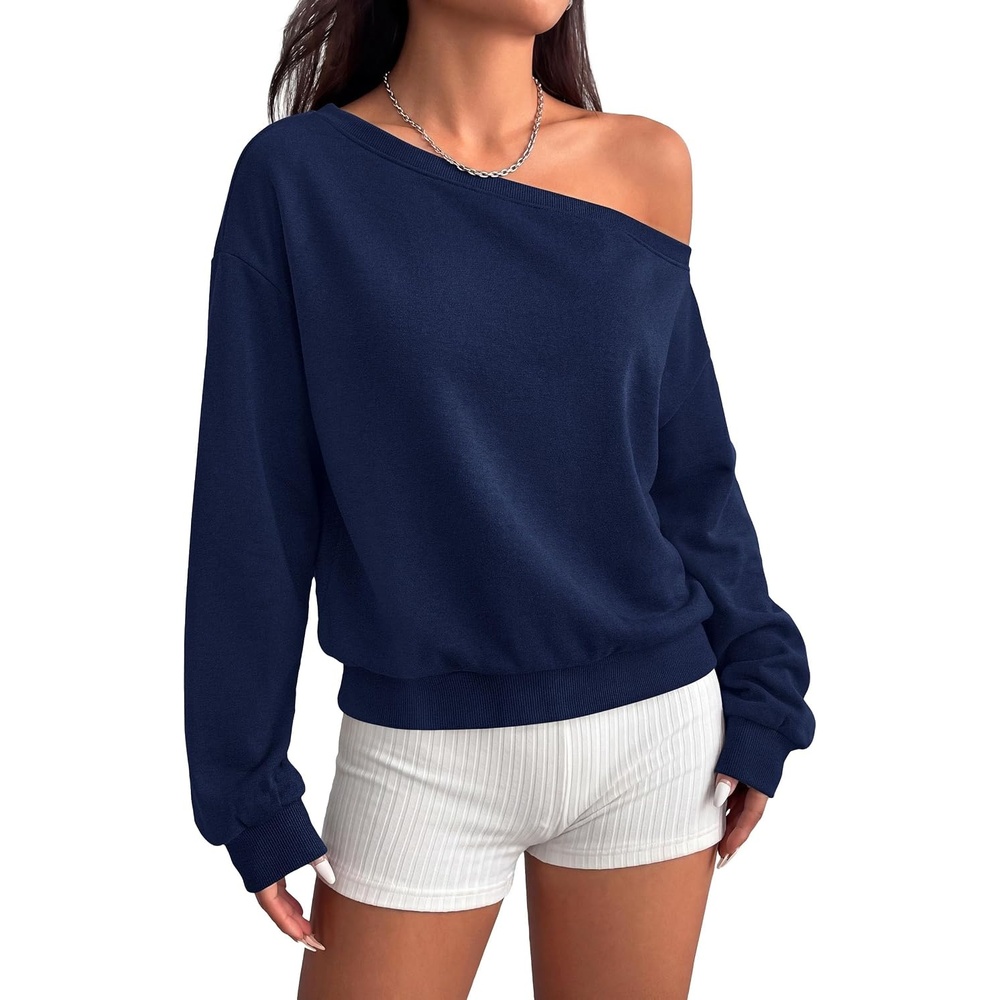 image:imagePRETTYGARDEN Womens Off The Shoulder Sweatshirt Fall Long Sleeve TopsNavy Blue