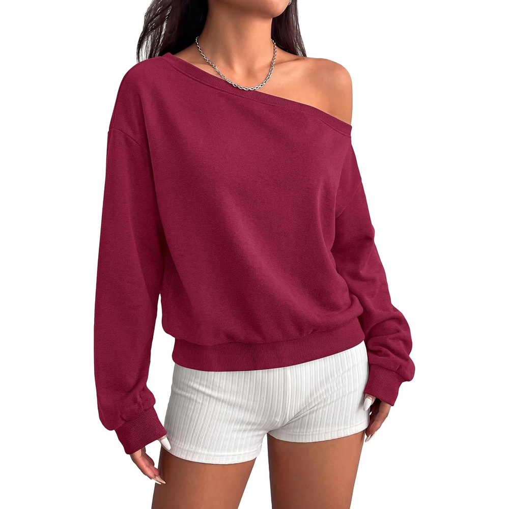 image:imagePRETTYGARDEN Womens Off The Shoulder Sweatshirt Fall Long Sleeve TopsWine Red