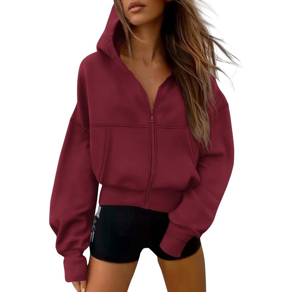 image:imagePRETTYGARDEN Zip Up Hoodie Women Casual Fall Fleece Sweatshirt JacketBurgundy