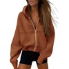 PRETTYGARDEN Hoodies for Women Fall Fashion Zip Up Fleece Plain Sweatshirt(Brown)