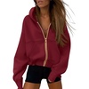 PRETTYGARDEN Hoodies for Women Fall Fashion Zip Up Fleece Plain Sweatshirt(Wine Red)