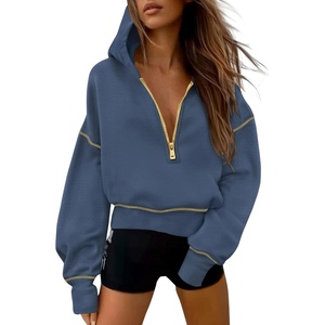 PRETTYGARDEN Women’s Fall Half Zip Cropped Hoodie Sweatshirt(Grey Blue)